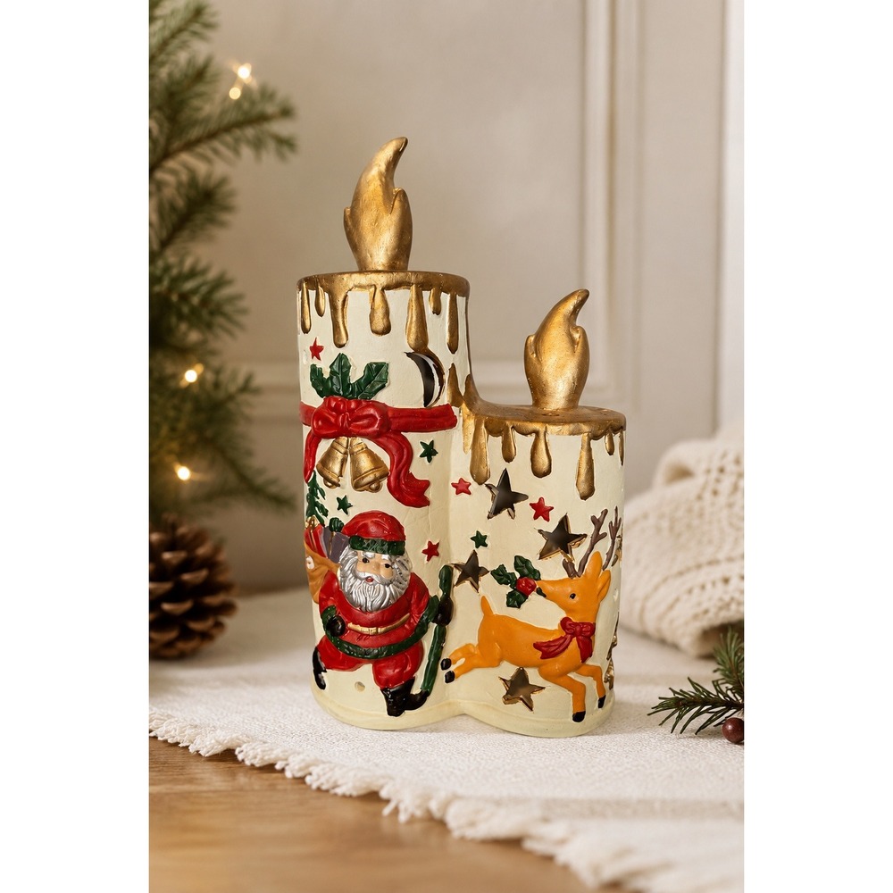Vintage Christmas Candle Tealight Holder Santa Reindeer Ceramic Holiday Luminary
